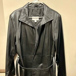 Worthington Sz XL Black Leather Jacket EUC Belted & Front Pockets Full Zip